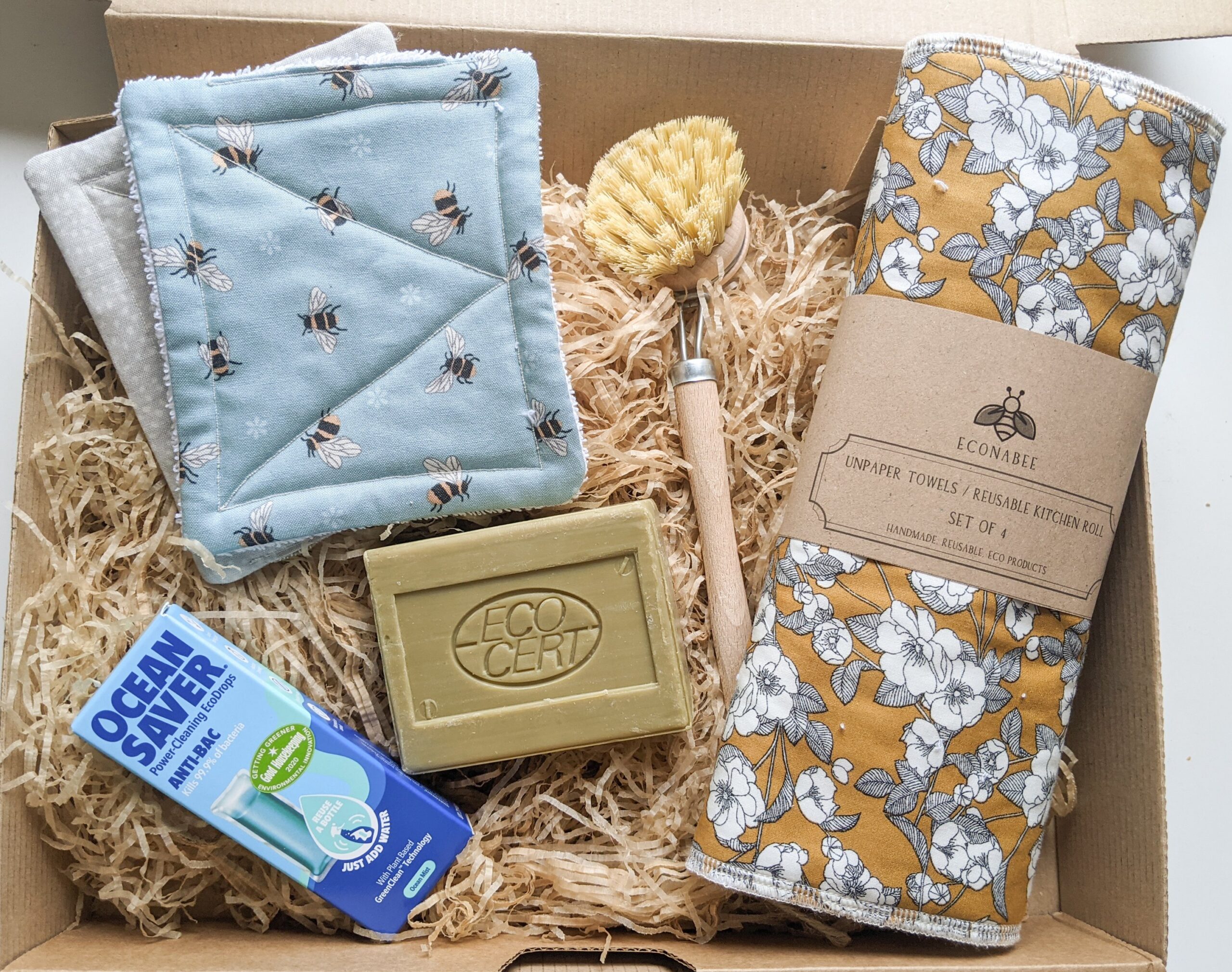 Kitchen Gift Box – with Unpaper Towels, Eco Sponges, Dish Brush, Dish Soap  and OceanSaver Drops